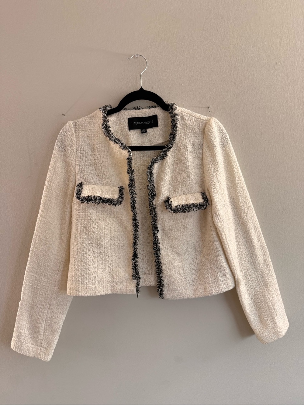 Margot Ivory Tweed Cropped Jacket with Black Fringe Trim